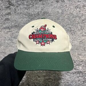 VTG 90s Cleveland Indians American League Champions Hat Snap Back White Green